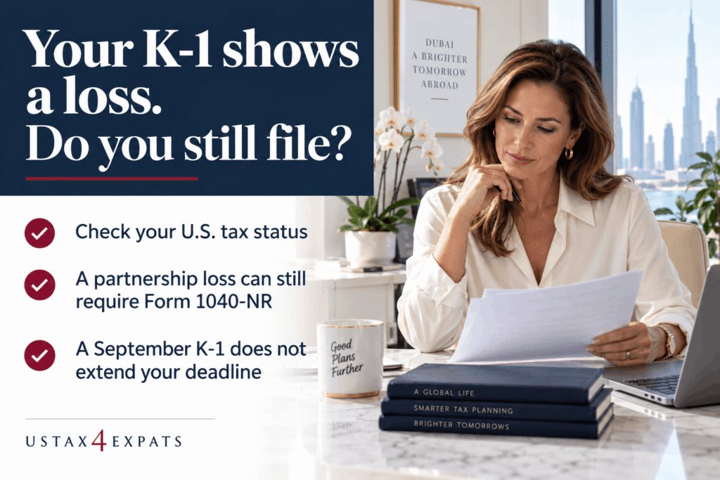 Form 1040NR and K1 losses when your schedule arrives in September