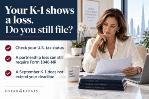 Form 1040NR and K1 losses when your schedule arrives in September