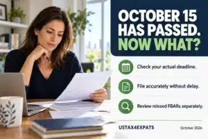 Professional woman reviewing tax records beside a checklist to confirm the deadline, file promptly and review FBARs.