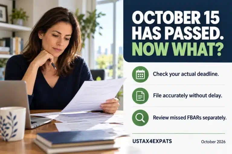 Professional woman reviewing tax records beside a checklist to confirm the deadline, file promptly and review FBARs.