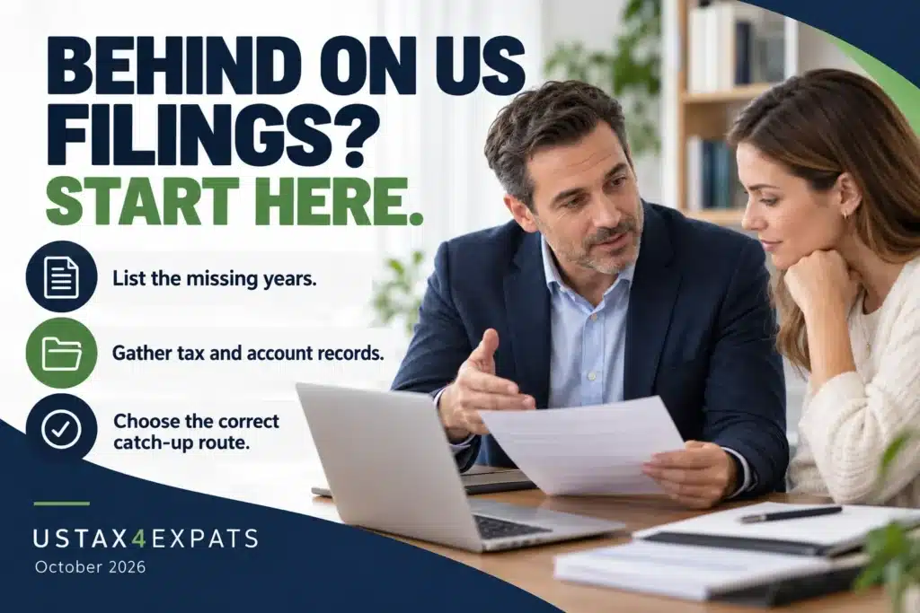 Adviser and client beside a checklist to list missing years, gather records and choose the correct catch-up route.